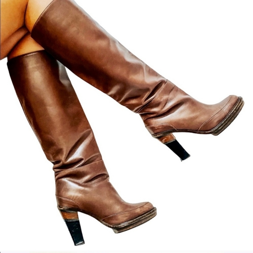marni / rabbit leather pull on knee heeled boots
